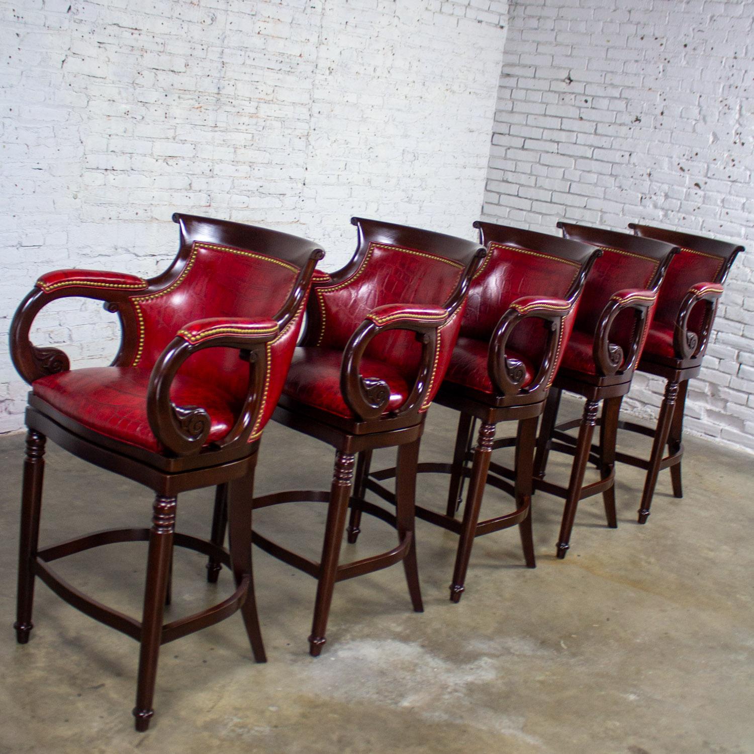 Traditional Neoclassic Style Hancock & Moore Red Leather & Wood Barstools Set 5 For Sale 1
