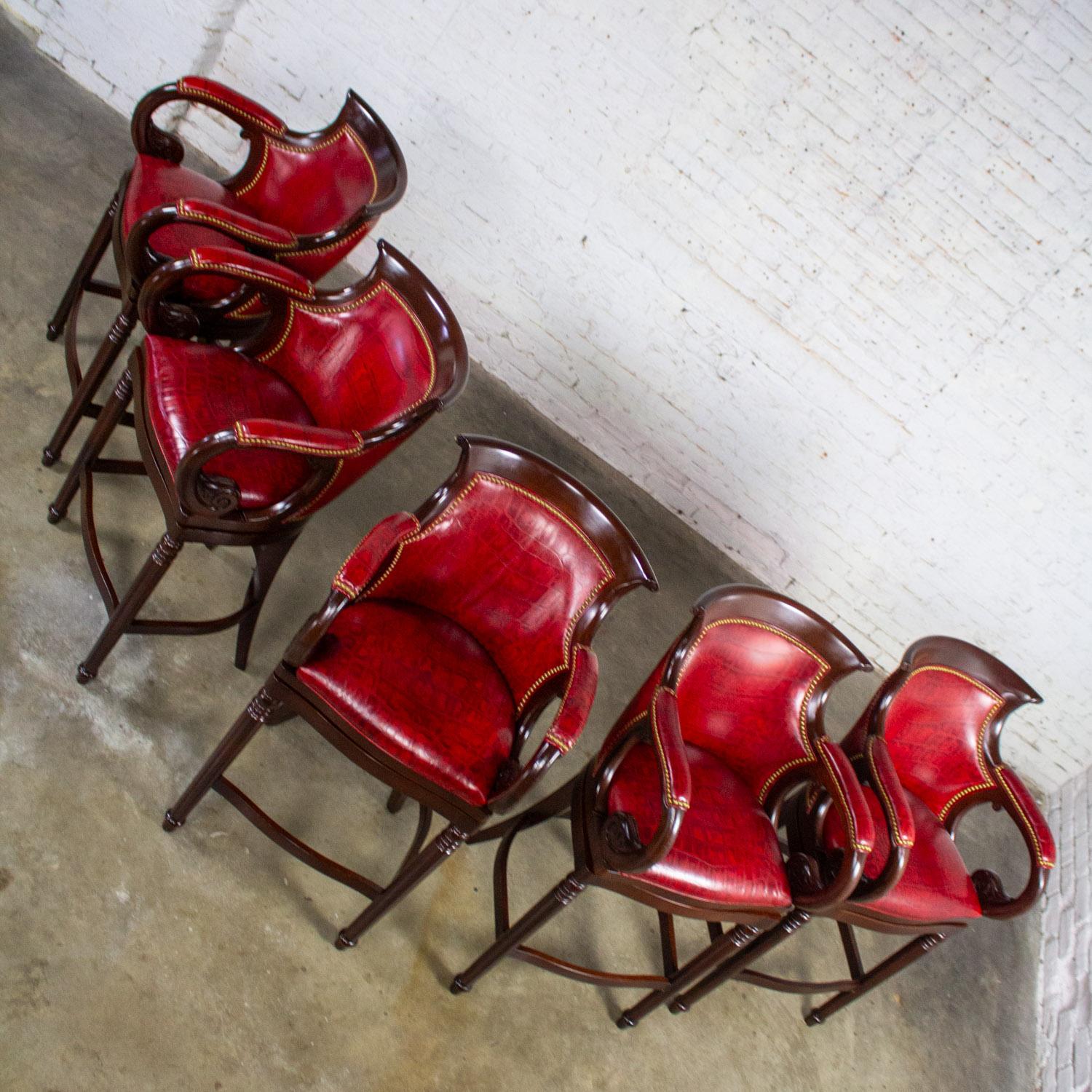Traditional Neoclassic Style Hancock & Moore Red Leather & Wood Barstools Set 5 For Sale 5