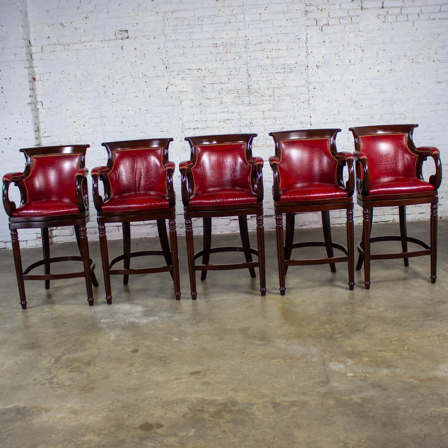 20th Century Traditional Neoclassic Style Hancock & Moore Red Leather & Wood Barstools Set 5 For Sale