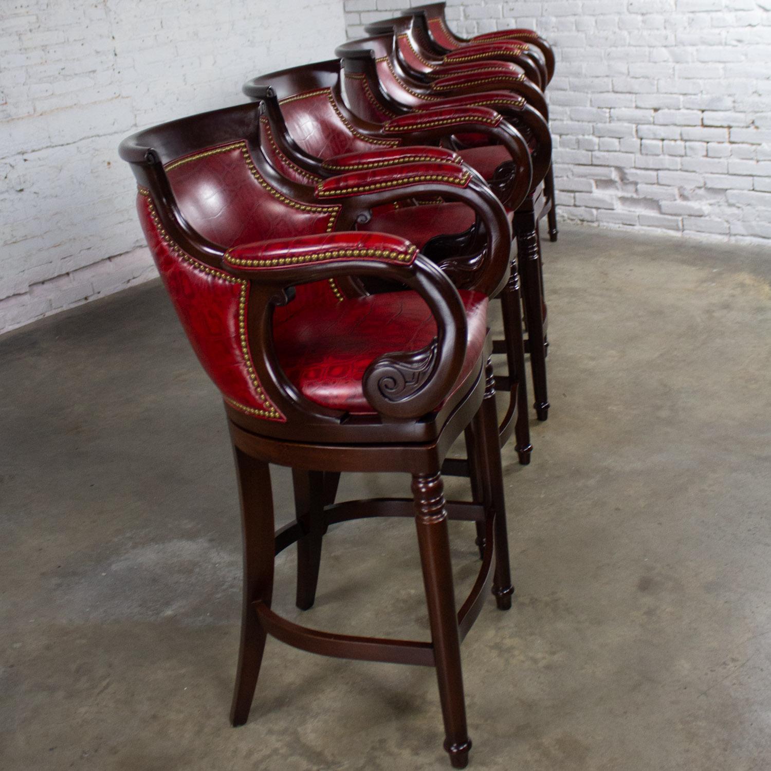 Traditional Neoclassic Style Hancock & Moore Red Leather & Wood Barstools Set 5 For Sale 7