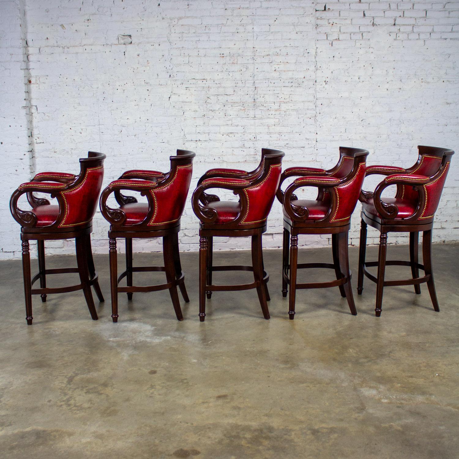 Brass Traditional Neoclassic Style Hancock & Moore Red Leather & Wood Barstools Set 5 For Sale