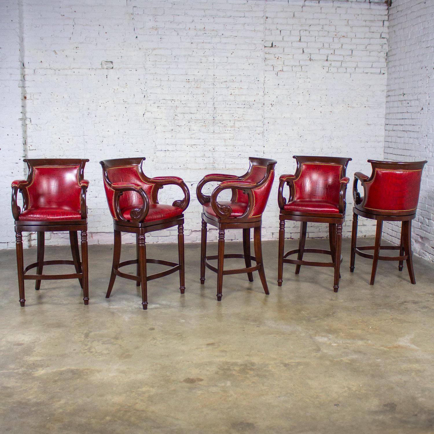 Traditional Neoclassic Style Hancock & Moore Red Leather & Wood Barstools Set 5 For Sale 8