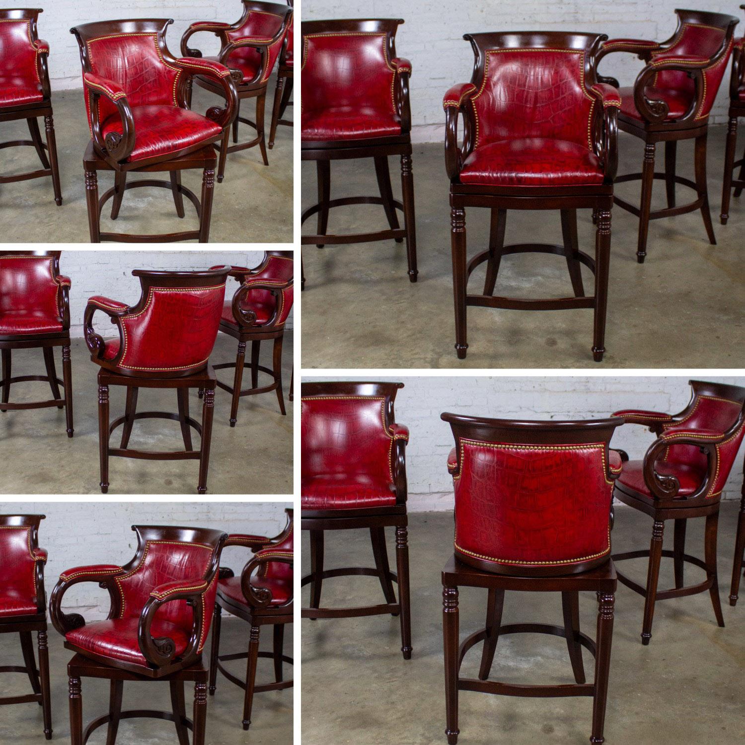 Traditional Neoclassic Style Hancock & Moore Red Leather & Wood Barstools Set 5 For Sale 9
