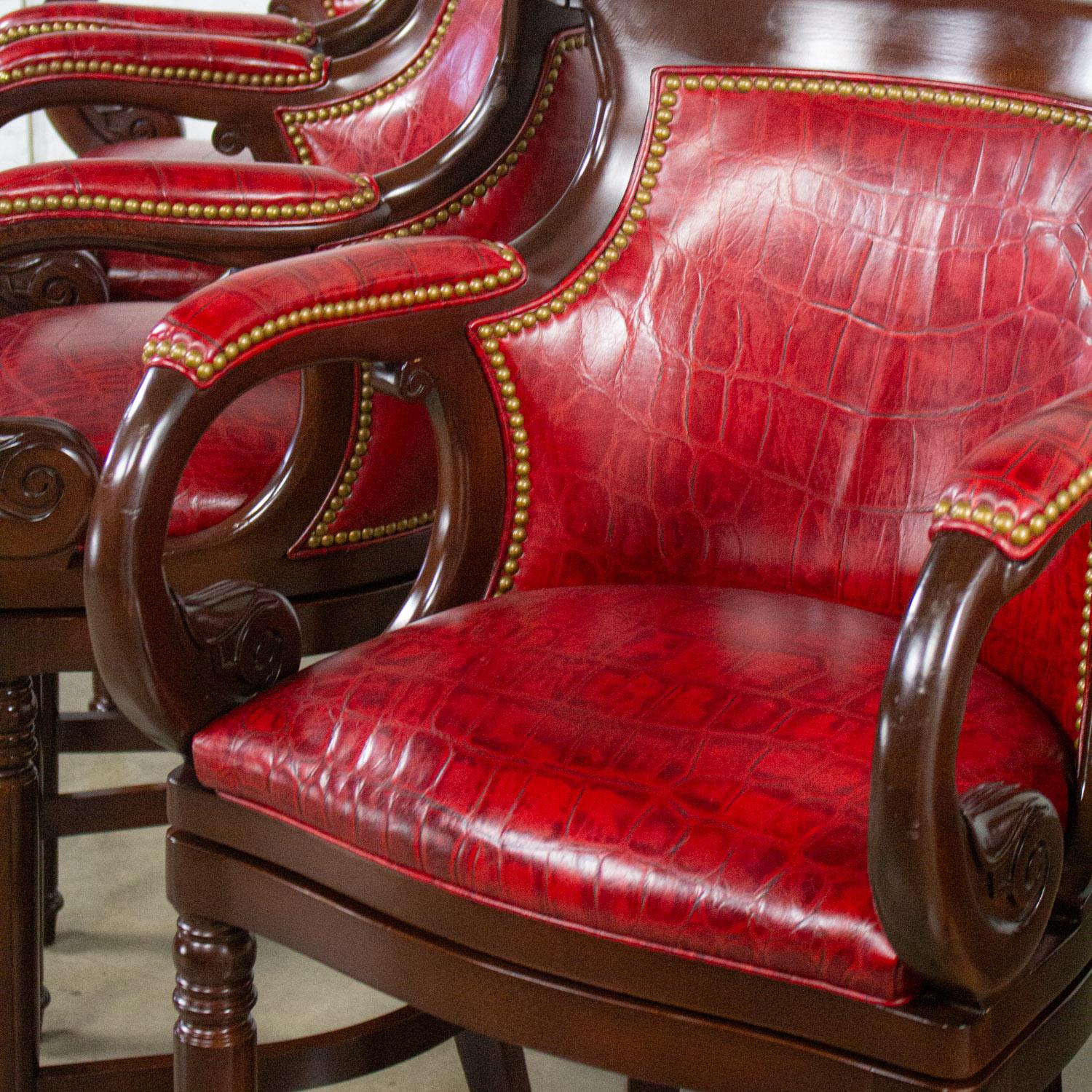 Traditional Neoclassic Style Hancock & Moore Red Leather & Wood Barstools Set 5 For Sale 6