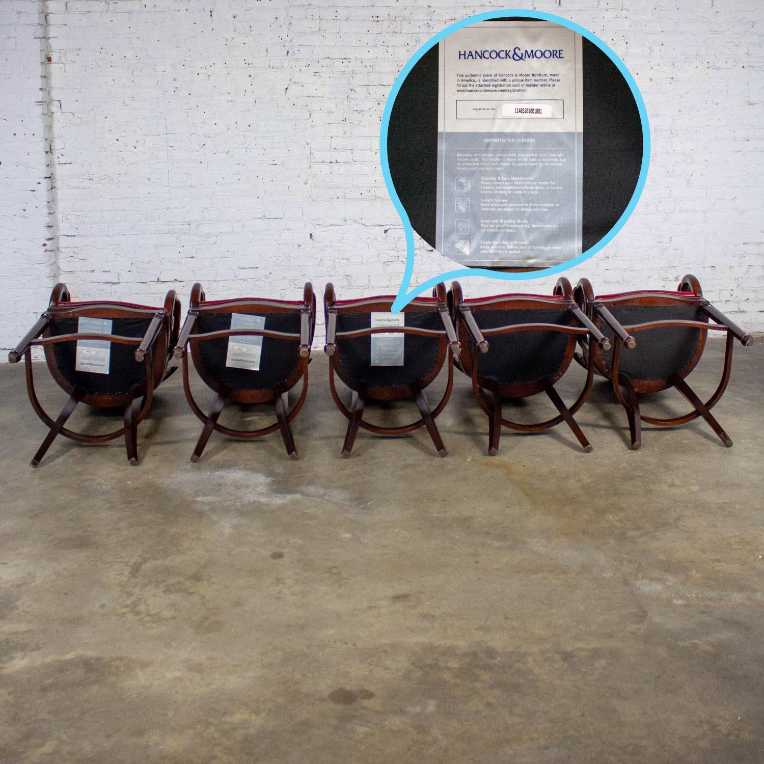 Traditional Neoclassic Style Hancock & Moore Red Leather & Wood Barstools Set 5 For Sale 10