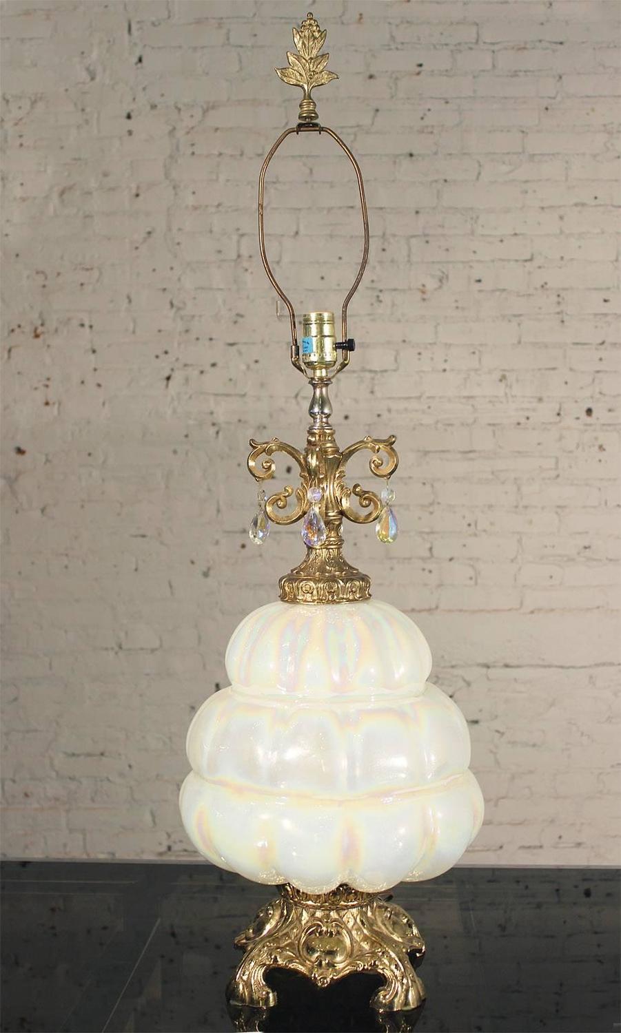Opalescent Blown Glass Lamp with Teardrop Crystals, Vintage Hollywood