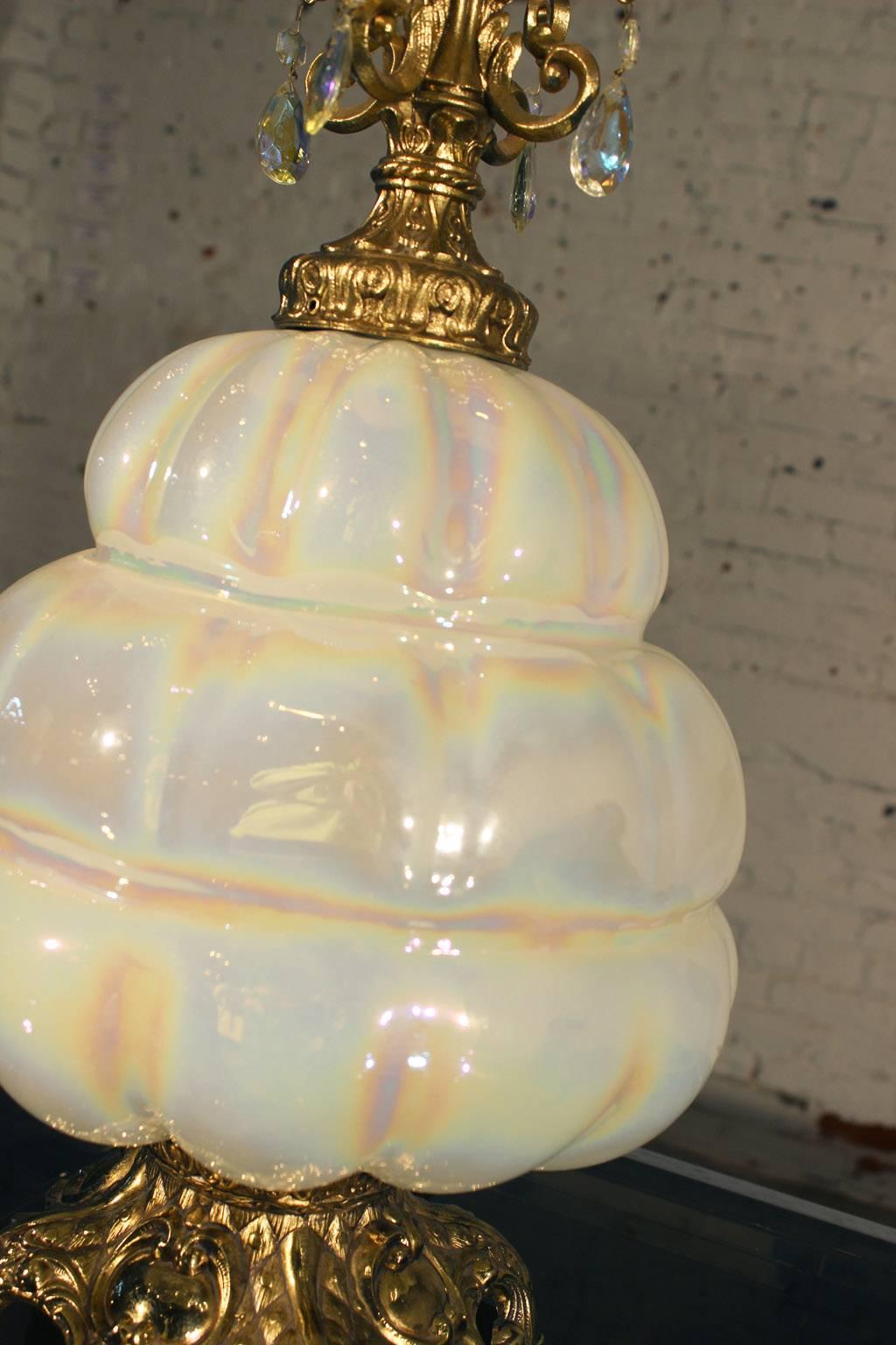 Opalescent Blown Glass Lamp with Teardrop Crystals, Vintage Hollywood Regency In Good Condition In Topeka, KS