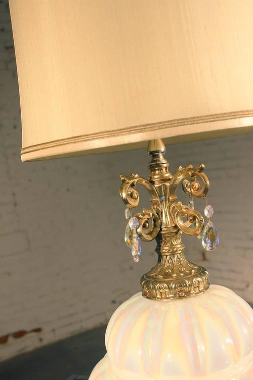 Opalescent Blown Glass Lamp with Teardrop Crystals, Vintage Hollywood
