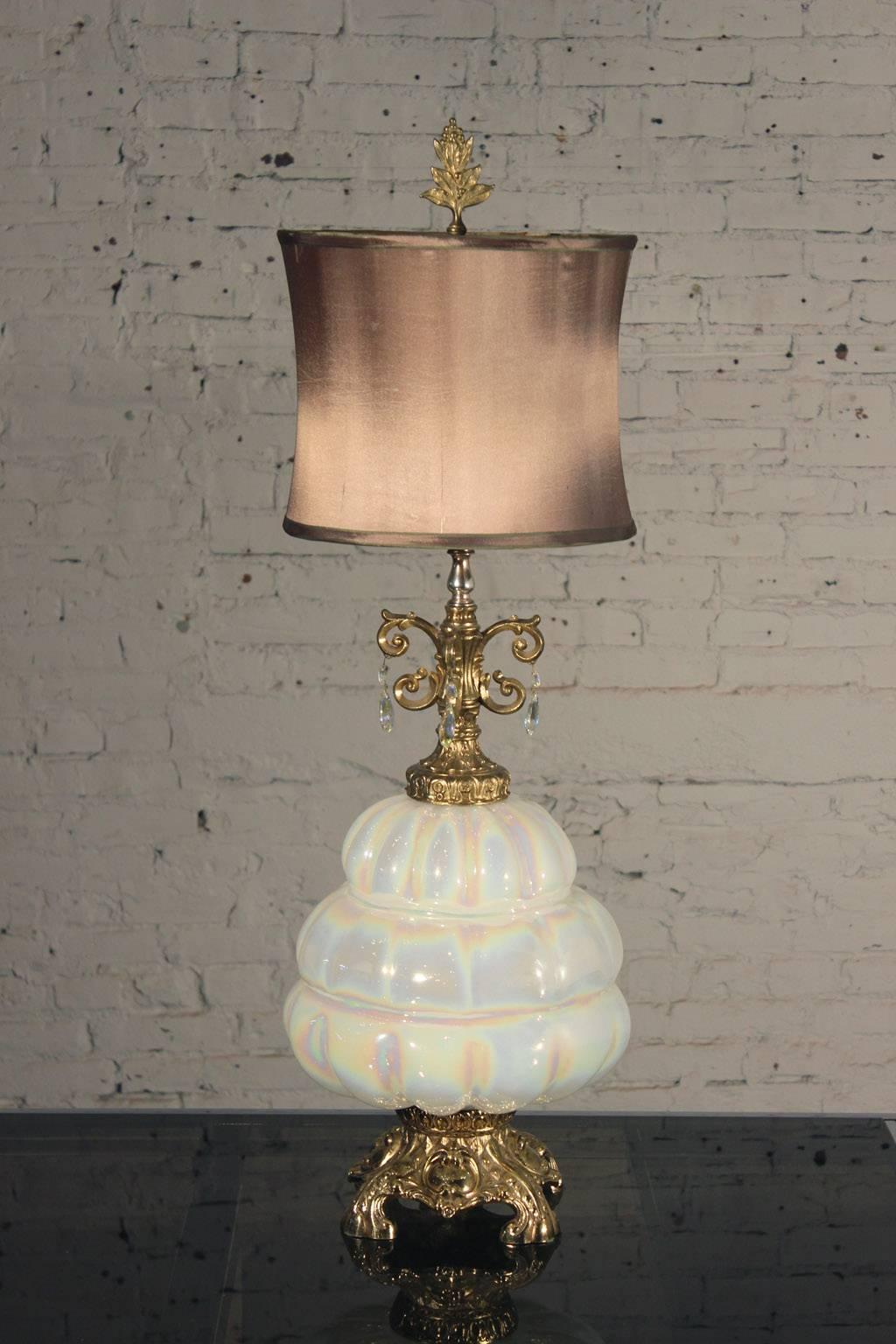 Opalescent Blown Glass Lamp with Teardrop Crystals, Vintage Hollywood Regency 1