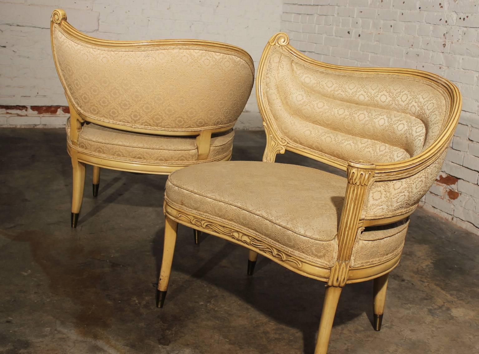 Pair of vintage Hollywood Regency one-armed chairs by the Price Howard Furniture Company of Kansas City, Mo. In great vintage condition which gives them a great patina. Usable as is if you like a distressed look. Very sturdy. Very cool and