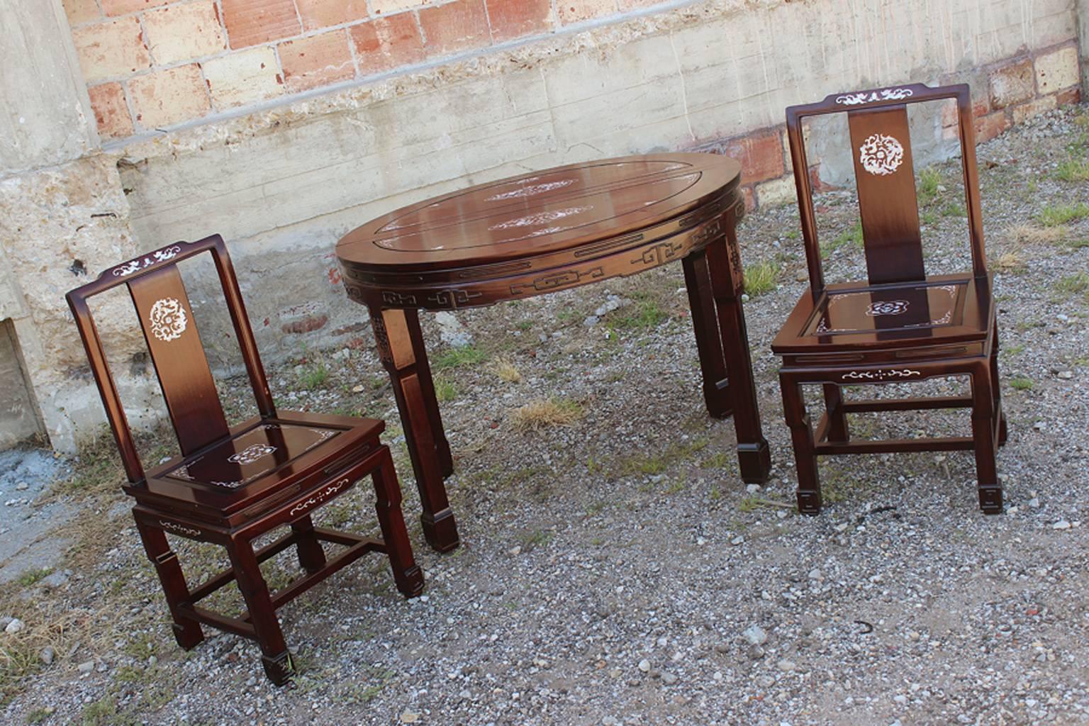 Chinese Rosewood and Mother-of-Pearl Dining Chairs, Vintage Set of Eight 4