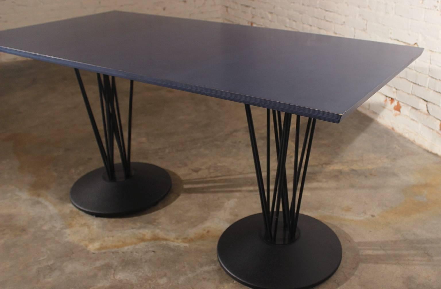 Blue Marquette double pedestal table by Leland International. In wonderful condition and ready to use. Very cool size and style and incredibly sturdy.

Really cool Marquette double pedestal table by Leland International. The blue plywood table top