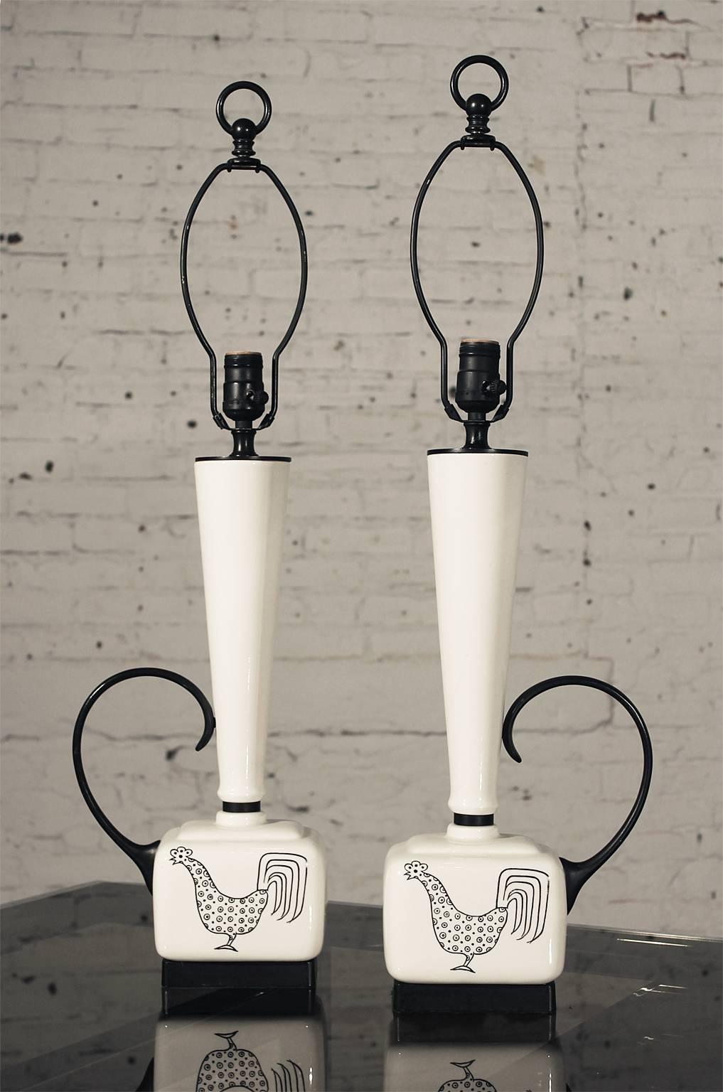 20th Century Mid-Century Modern Black and White Ceramic Lamps w/Rooster Design, Pair