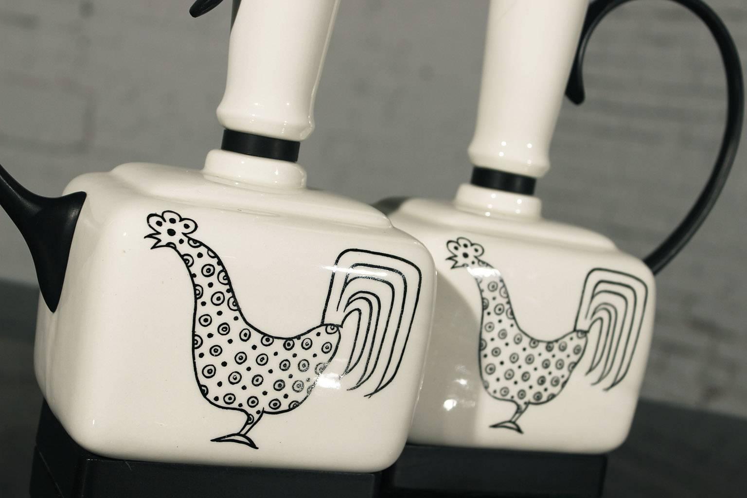 Mid-Century Modern Black and White Ceramic Lamps w/Rooster Design, Pair 3
