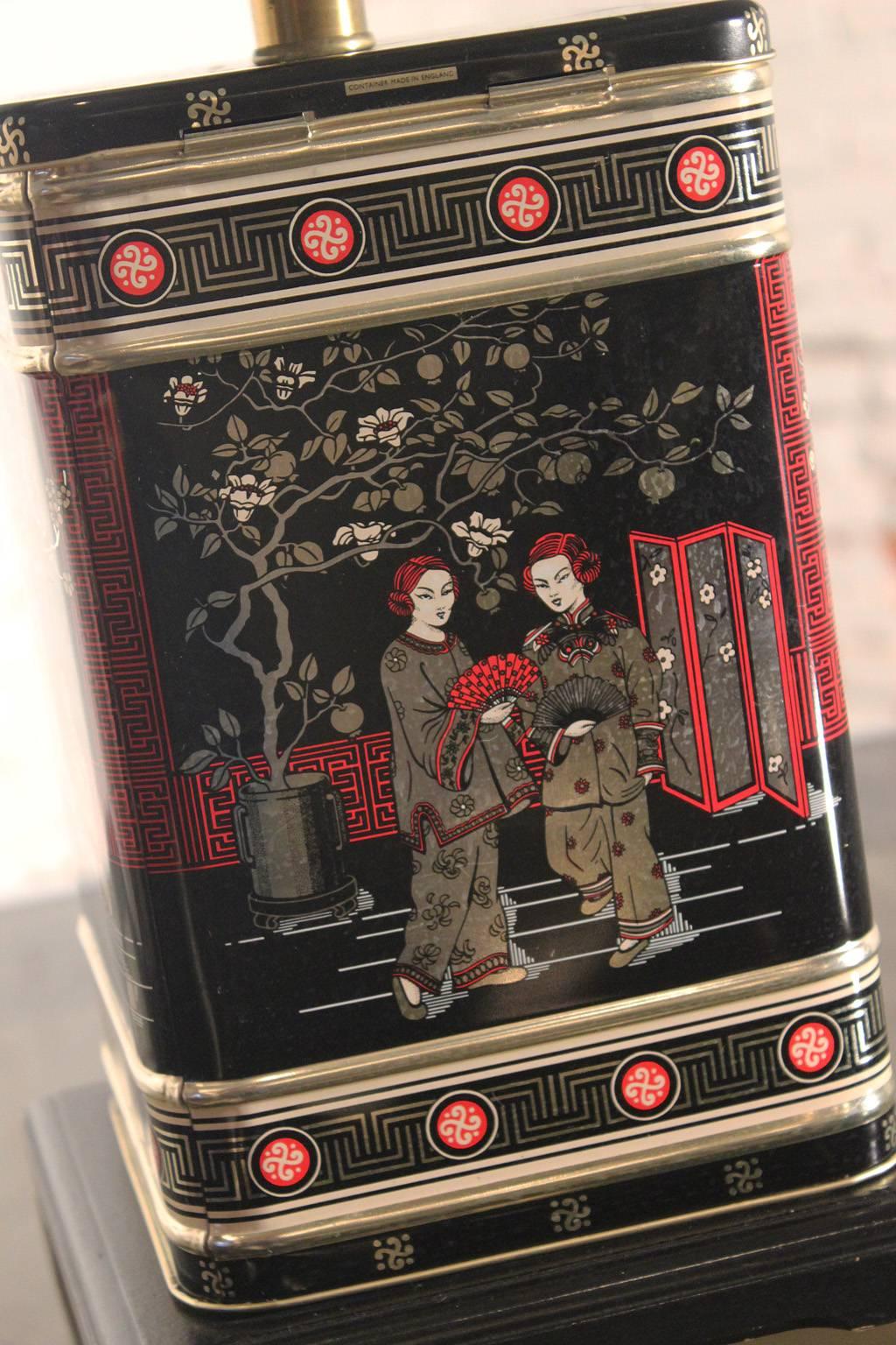 20th Century Vintage Chinoiserie Tea Tin Canister Table Lamp Black with Black Shade