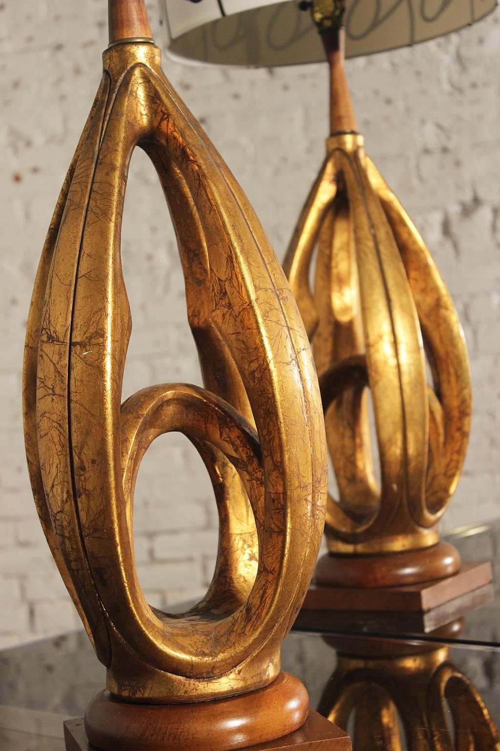 American Vintage Pair Plasto Mid-Century Modern Faux Gold Leafed Hollywood Regency Lamps