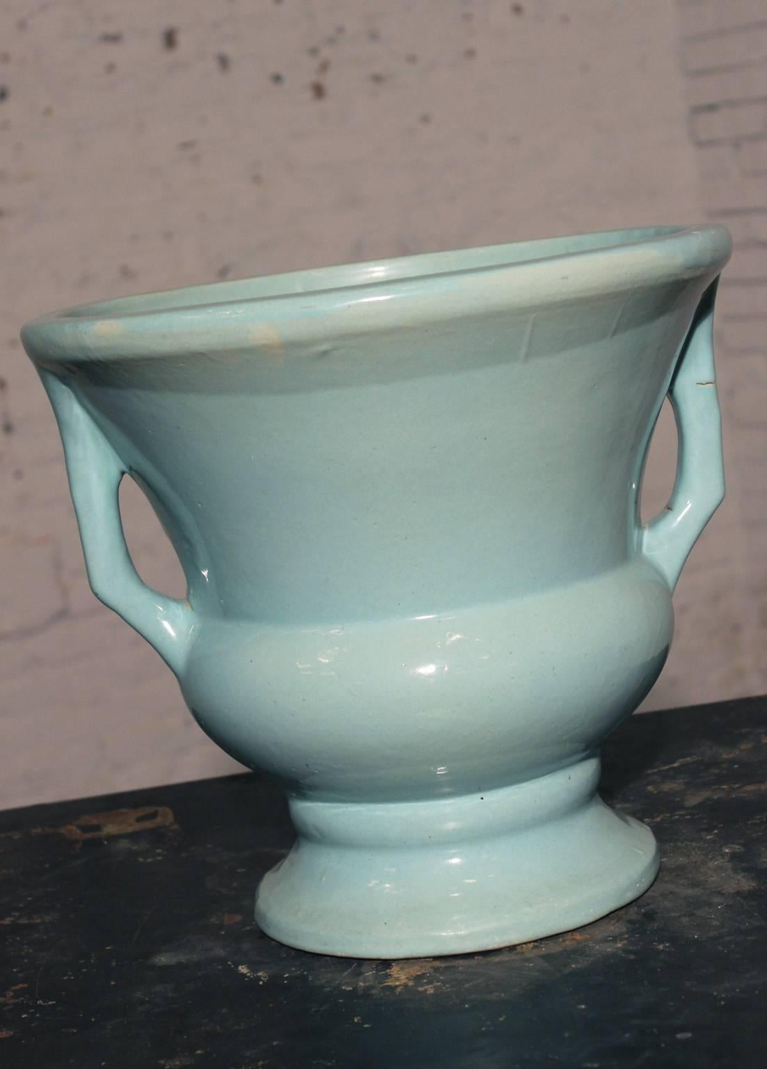 20th Century Sea Green Double Handled Urn Style Floor Vase or Pier Planter