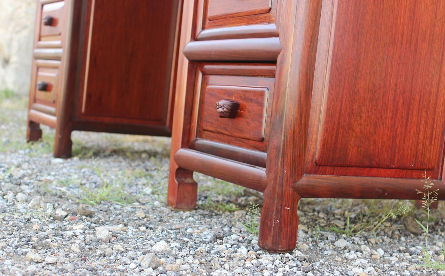 Chinese Export Asian Solid Rosewood Double Pedestal Desk Vintage