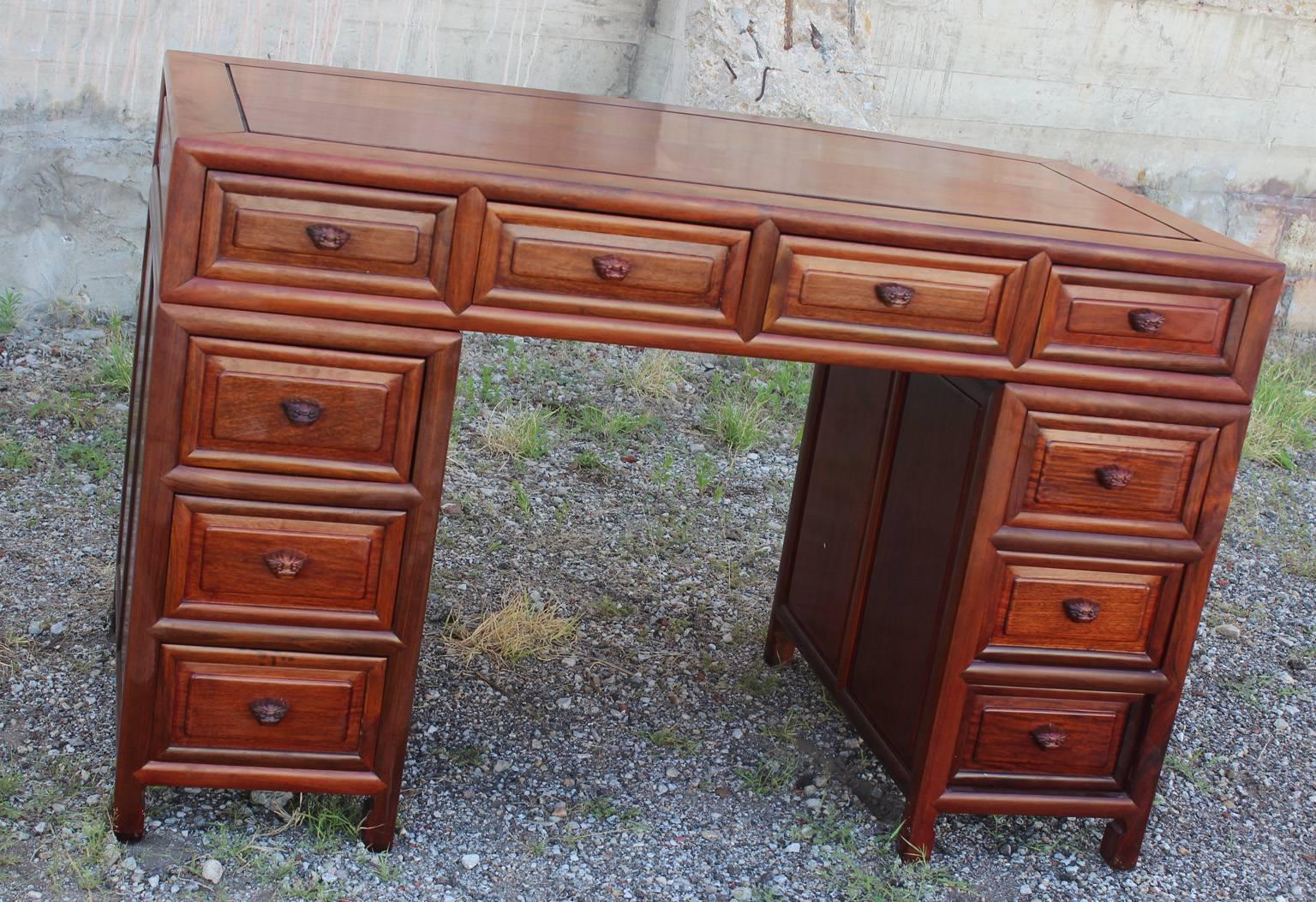 20th Century Asian Solid Rosewood Double Pedestal Desk Vintage