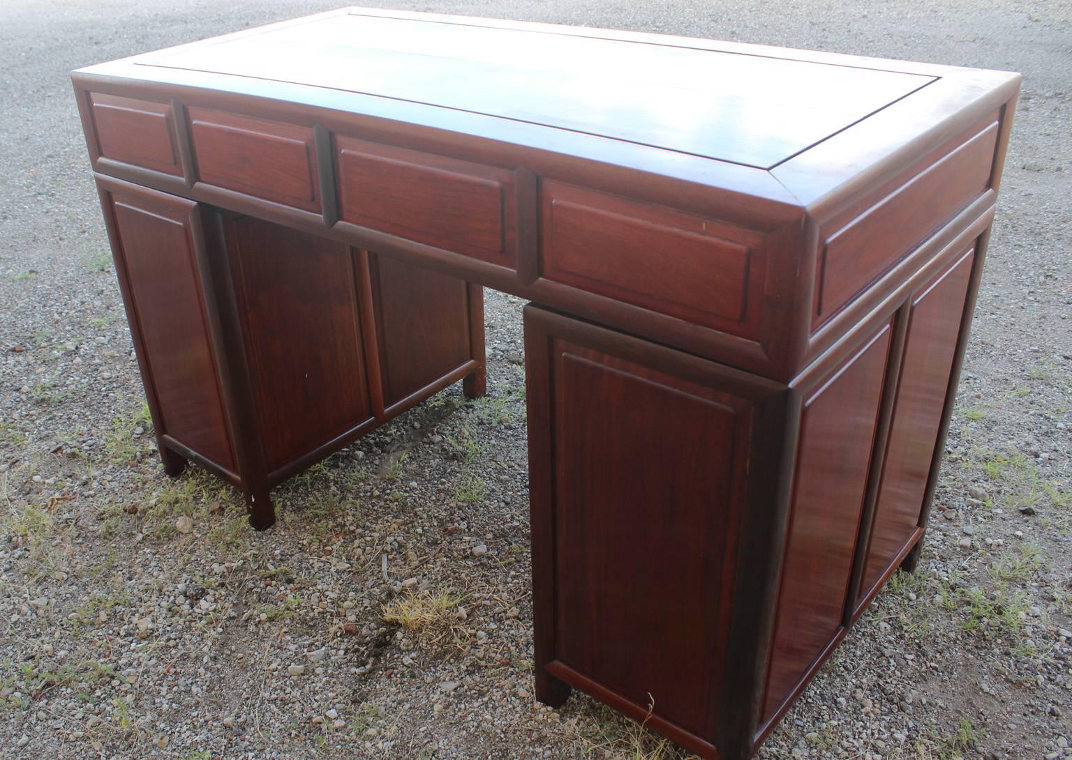 Asian Solid Rosewood Double Pedestal Desk Vintage In Good Condition In Topeka, KS