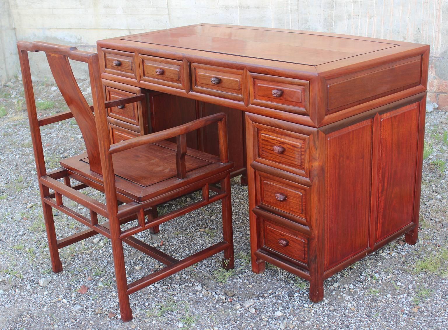 Asian Solid Rosewood Double Pedestal Desk Vintage 1