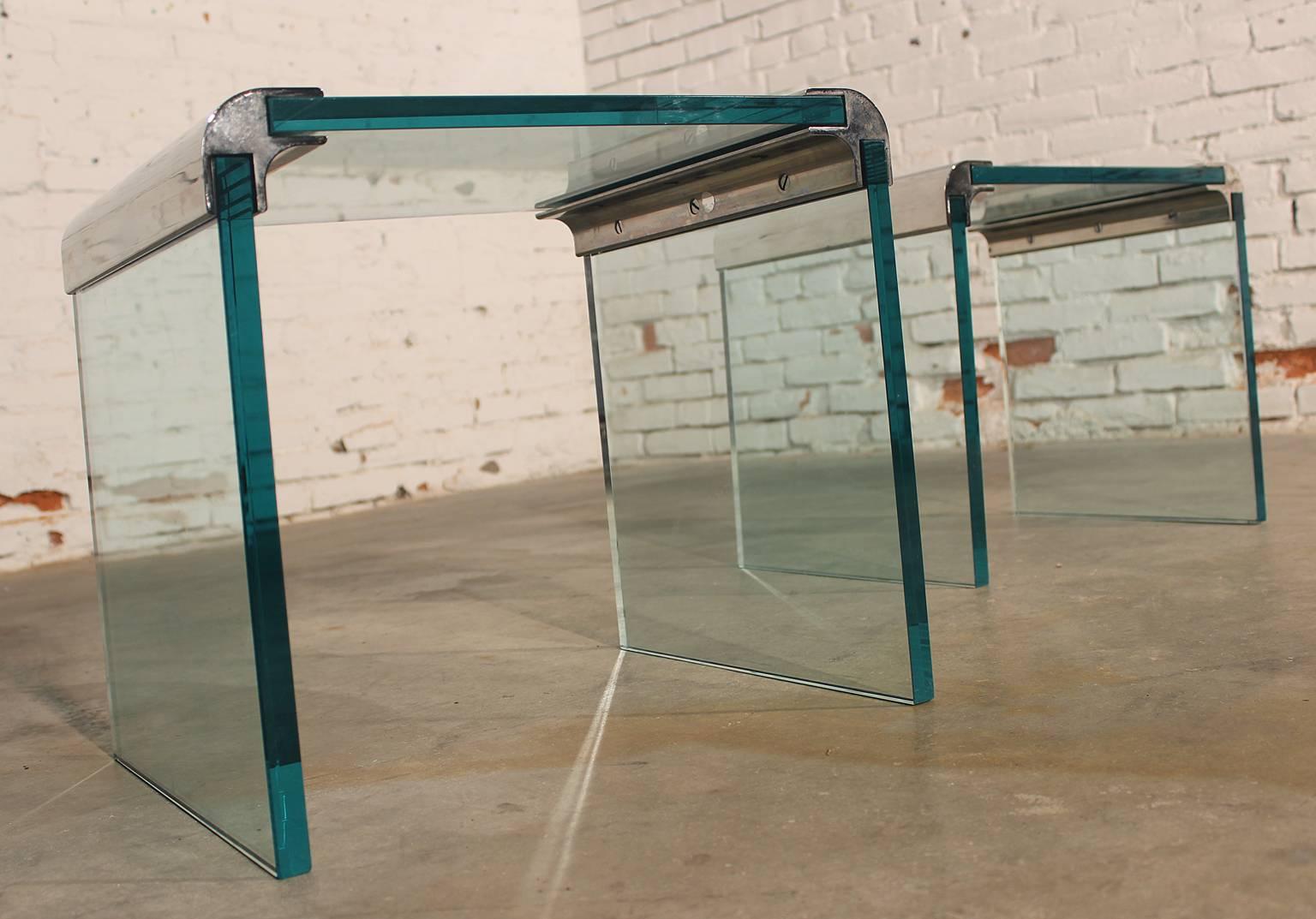 Vintage Pace Collection Waterfall Side Tables, Chrome and Glass Pair 3