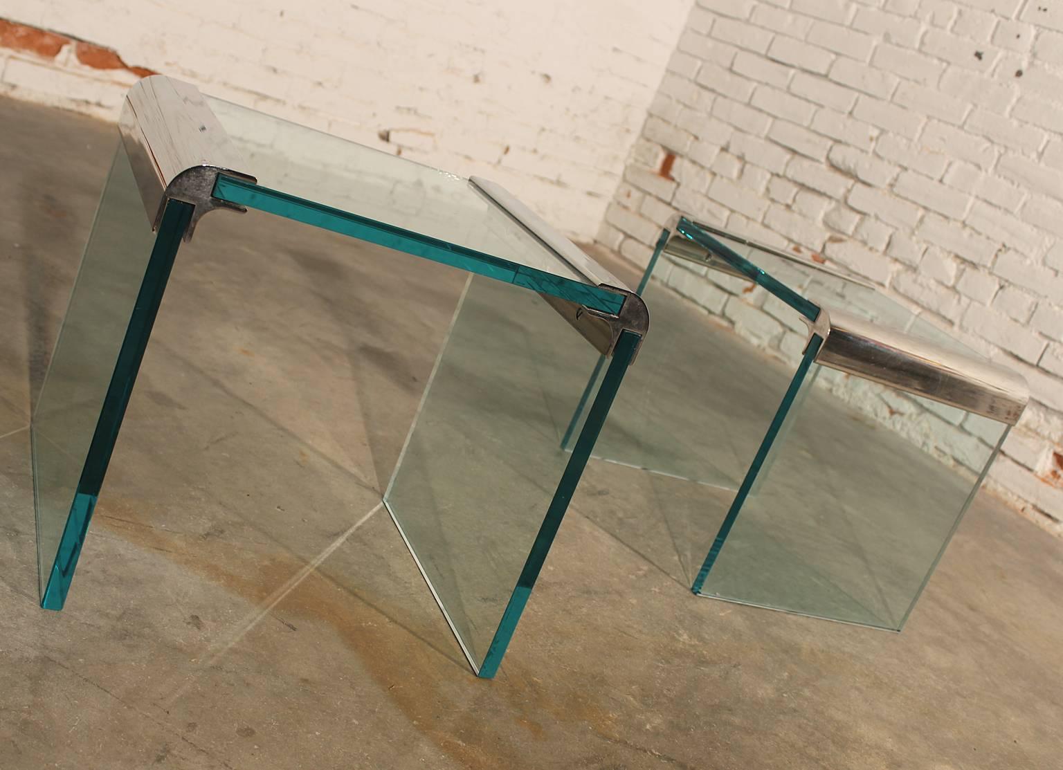 Vintage Pace Collection Waterfall Side Tables, Chrome and Glass Pair 4