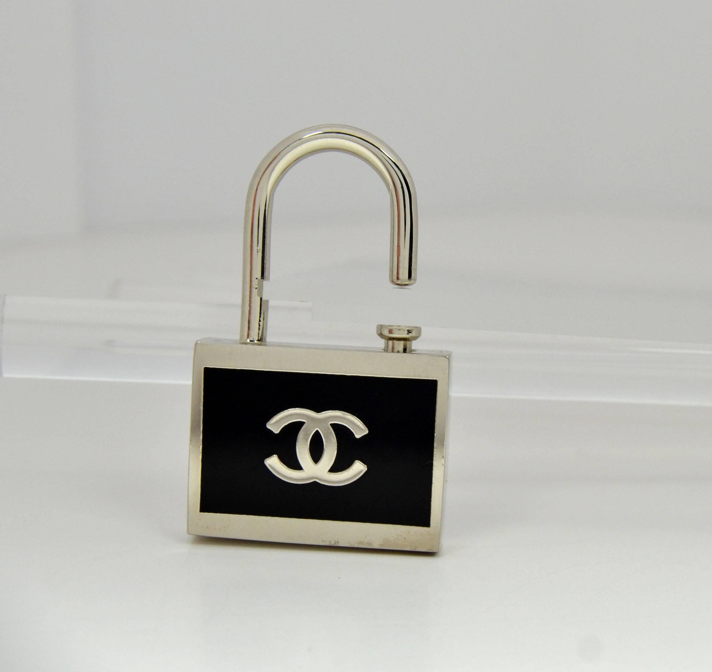 20th Century Black and Silvertone Padlock Keychain or Necklace Pendant in the Style of Chanel