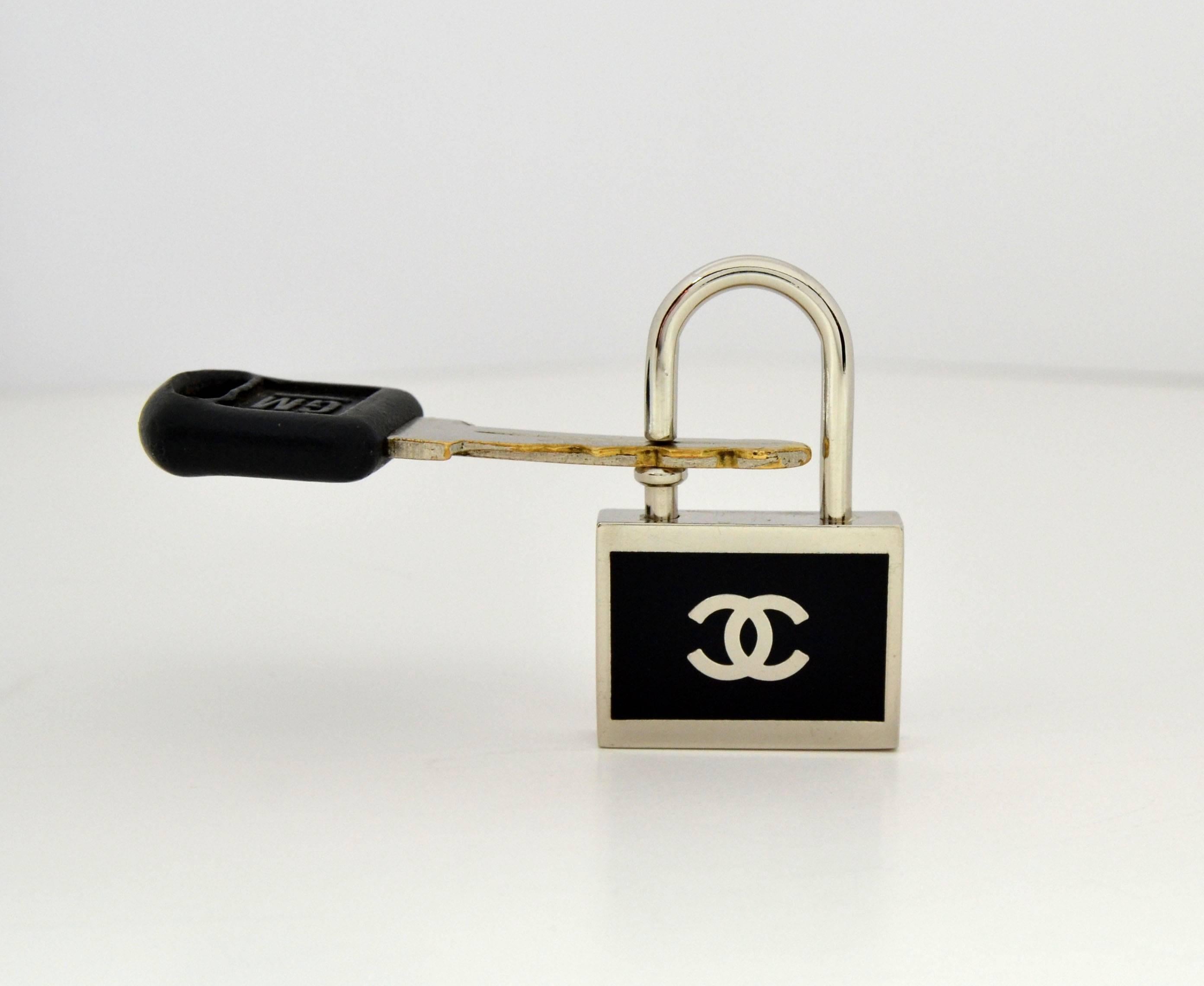 Metal Black and Silvertone Padlock Keychain or Necklace Pendant in the Style of Chanel