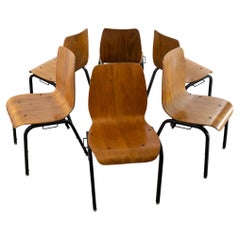 Vintage Modern Walnut Molded Plywood Chairs Stackable Connectable Set of 6