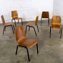 Vintage Modern Walnut Molded Plywood Chairs Stackable Connectable Set of 6