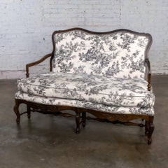 French Louis XV Style Settee by Highland House Black and White Toile de Jouy
