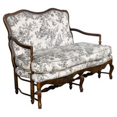 French Louis XV Style Settee by Highland House Black and White Toile de Jouy