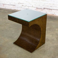 Modern Geometric Crescent End or Side Table Burl Veneer with Rectangle Glass Top