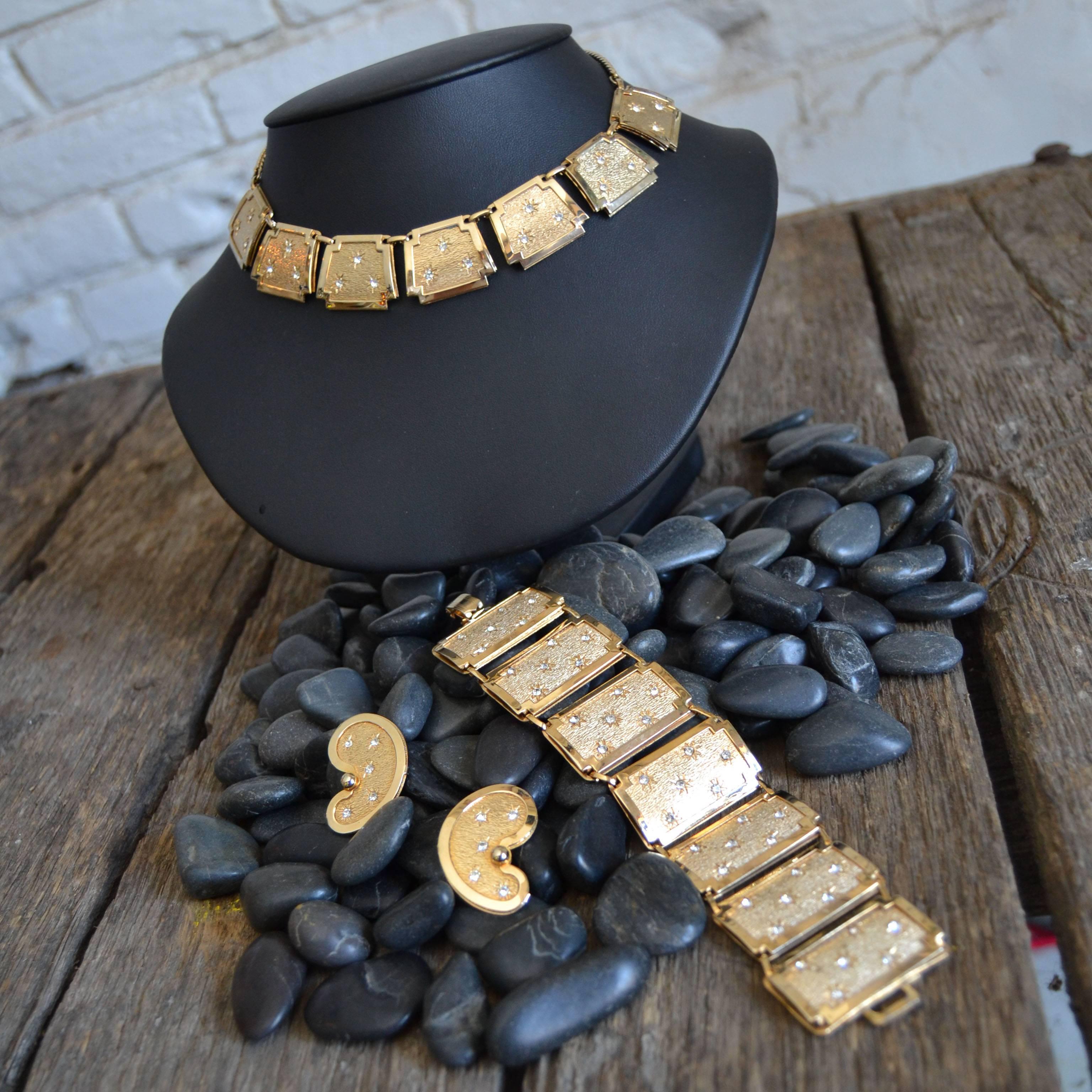 Leru Vintage Goldfarbenes, Strass-Halskette-Armband und Ohrringe Parure Set im Zustand „Gut“ im Angebot in Topeka, KS