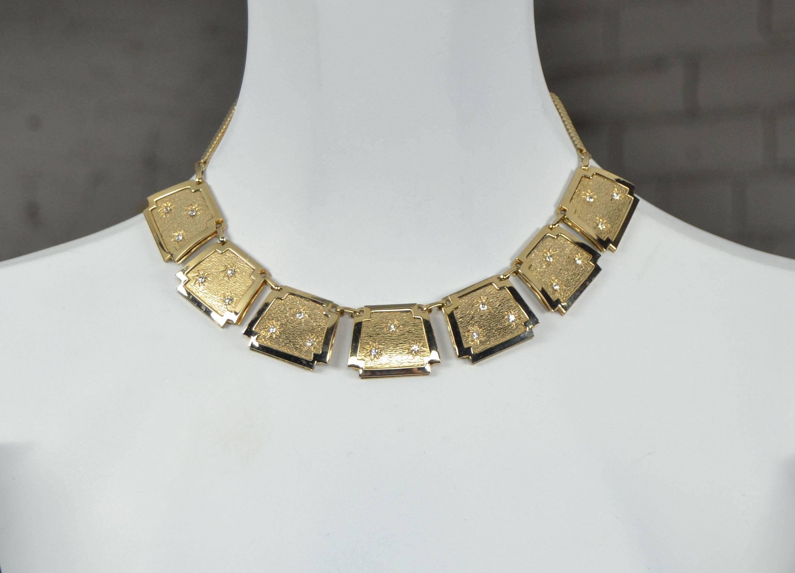 Leru Vintage Goldtone, Rhinestone Necklace Bracelet and Earrings Parure Set For Sale 1