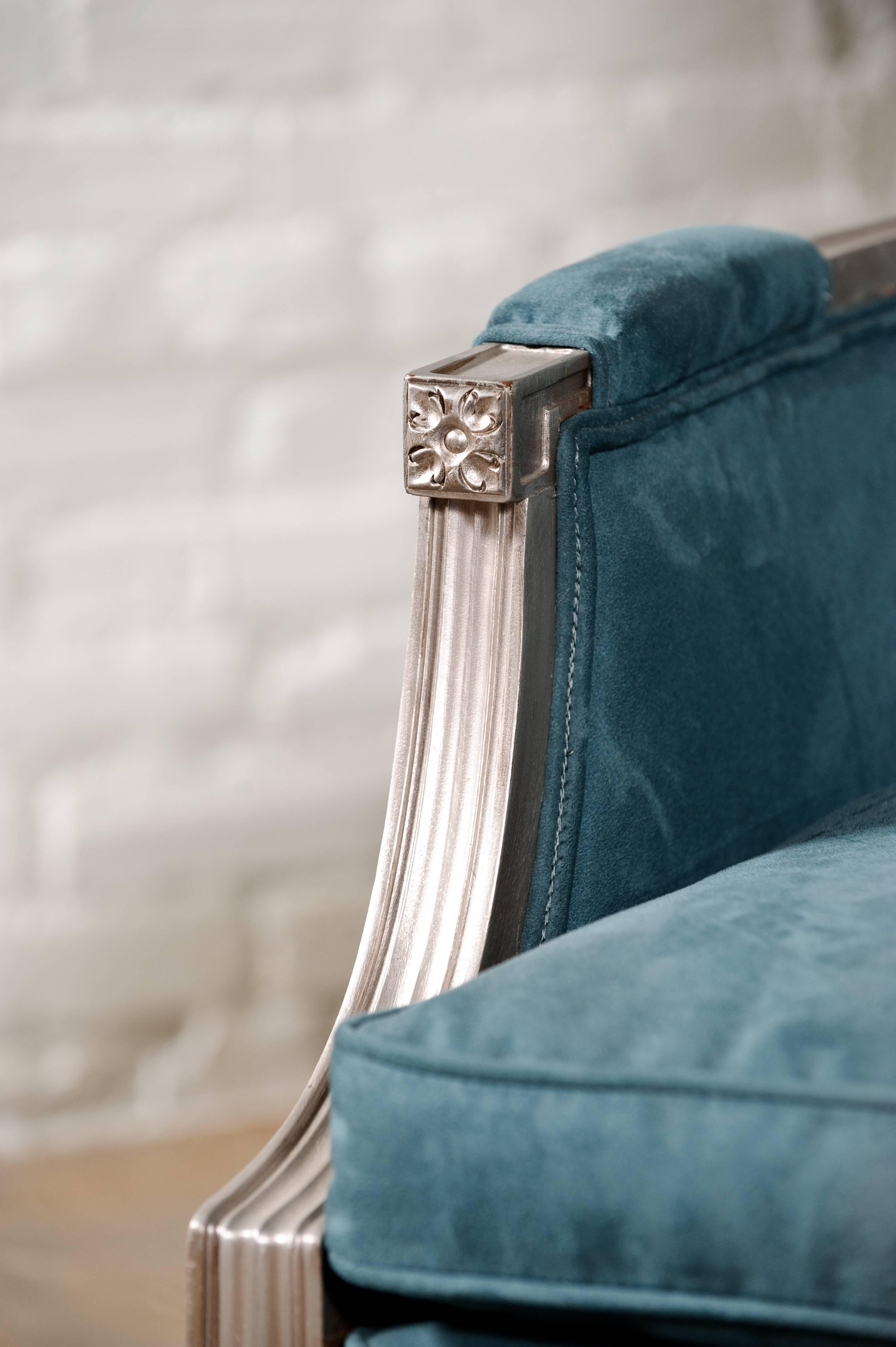 Silvered Vintage Neoclassic Chairs in Aqua and Faux Silverleaf