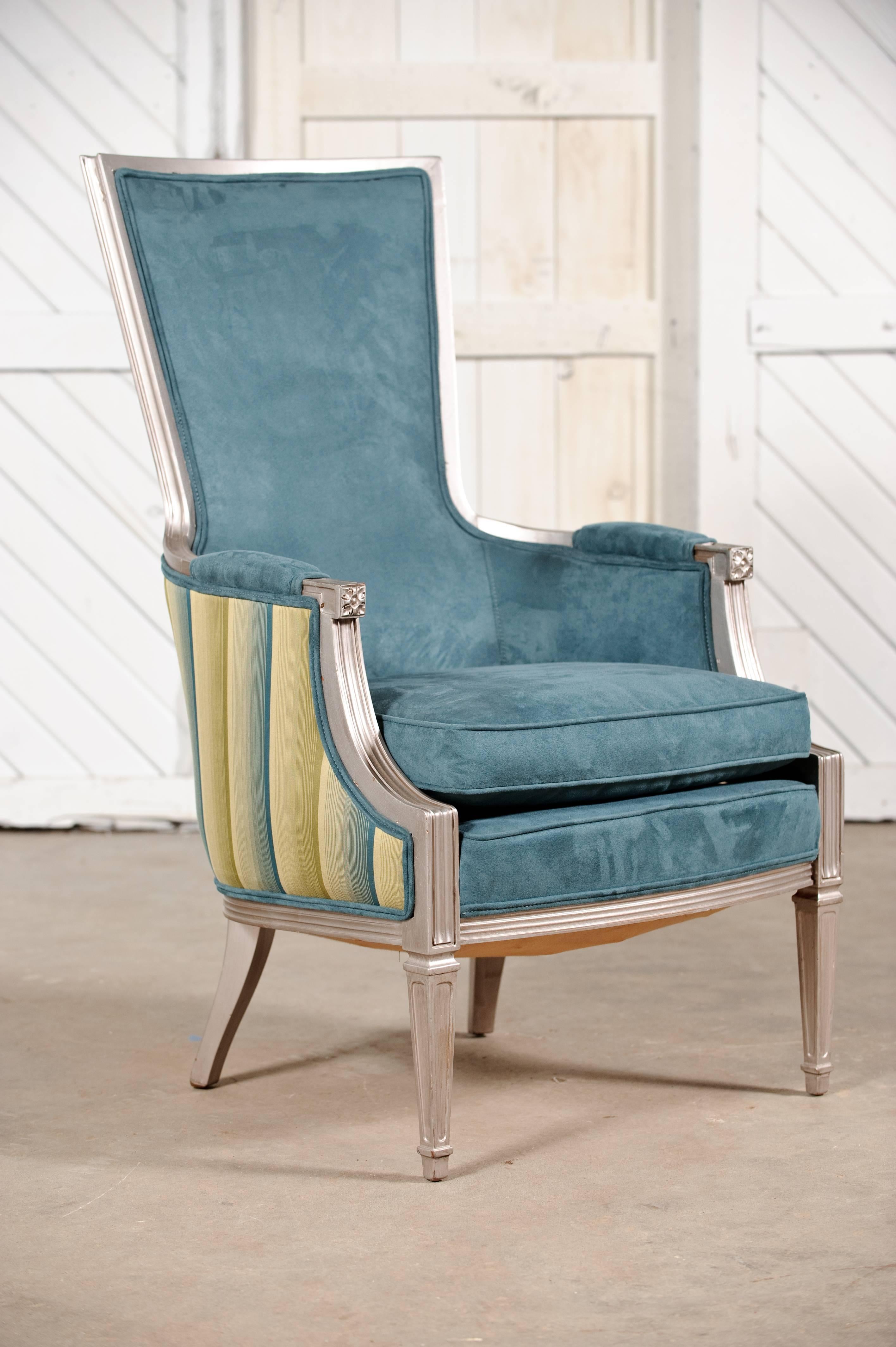Wood Vintage Neoclassic Chairs in Aqua and Faux Silverleaf