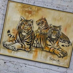 MCM Large Resting Tiger Canvas Painting by Pettersen Black and Gold Frame