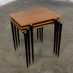 MCM Stacking Tables Walnut Veneer Tops Brass and Ebonized Legs Set of 3