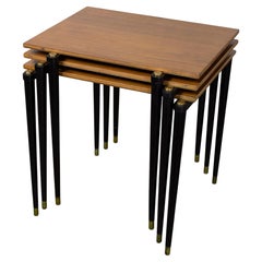 MCM Stacking Tables Walnut Veneer Tops Brass and Ebonized Legs Set of 3
