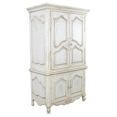 Meuble de salon Thomasville, finition blanche vieillie, détails floraux peints