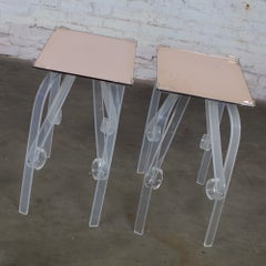 Hollywood Regency Art Deco Side or End Tables Lucite Base Rose Mirrored Tops, Pr