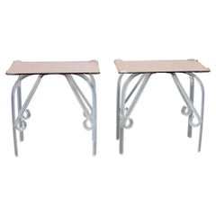 Hollywood Regency Art Deco Side or End Tables Lucite Base Rose Mirrored Tops, Pr