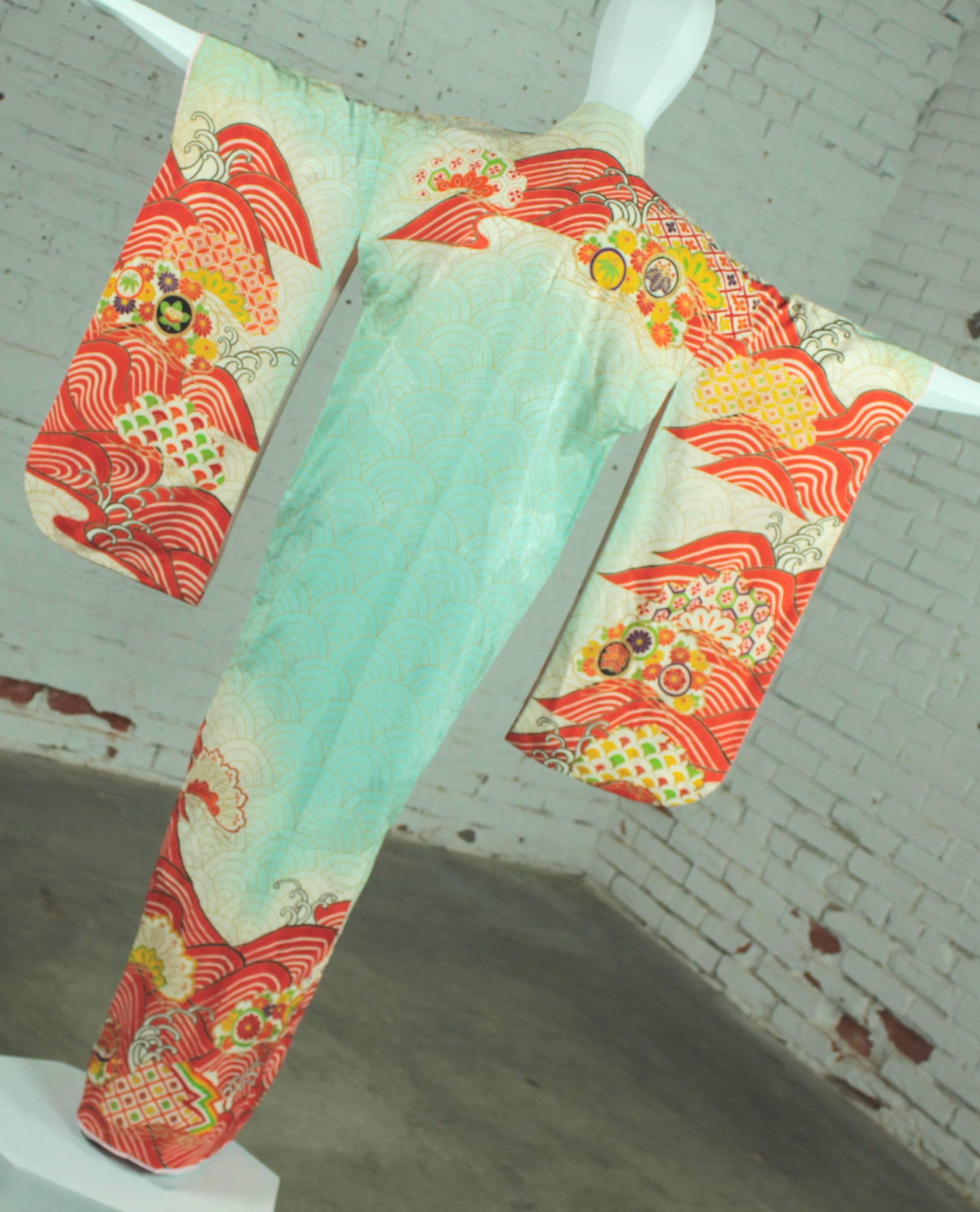Vintage Japanese Turquoise and Orange Full Length Silk Kimono In Excellent Condition In Topeka, KS