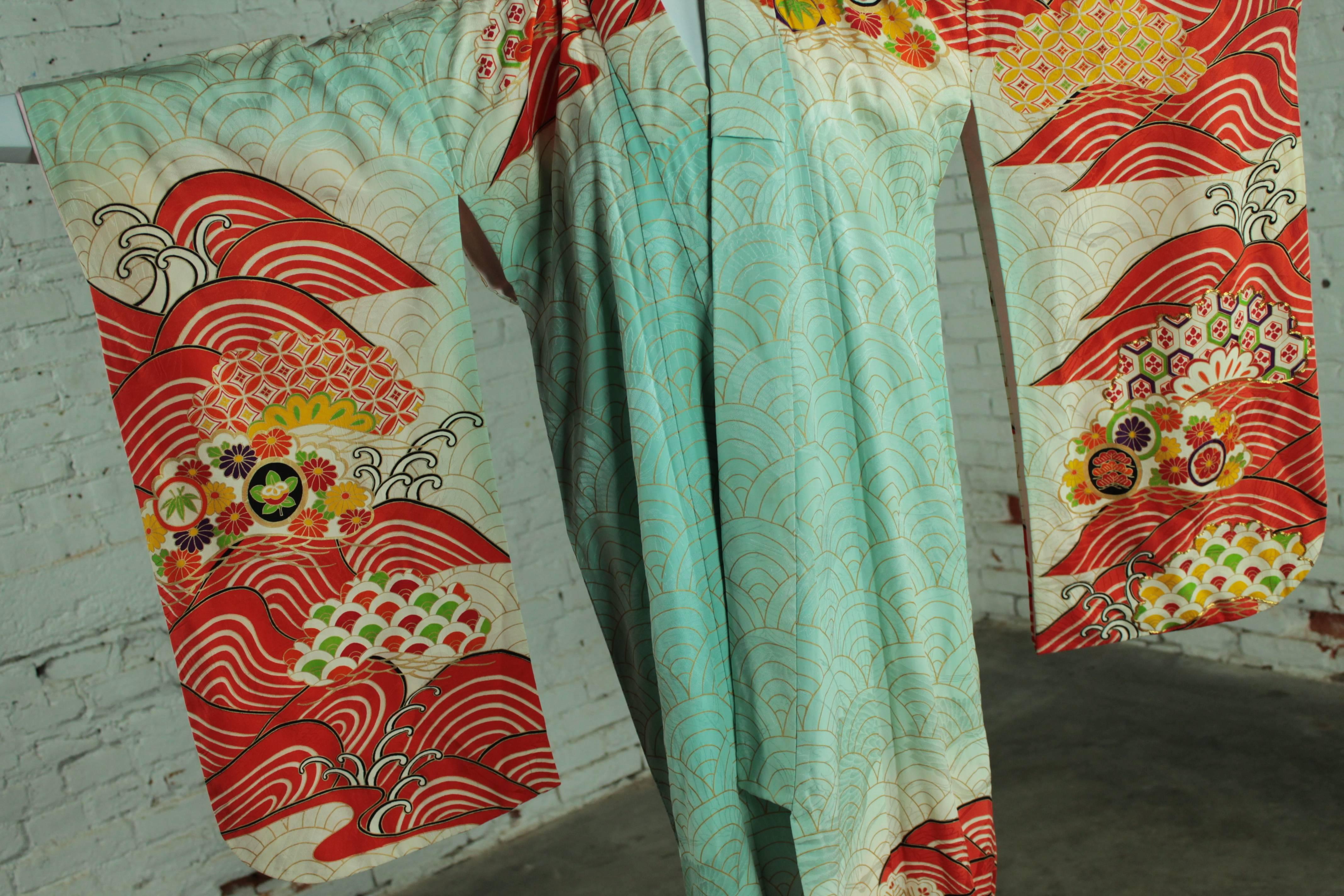 Vintage Japanese Turquoise and Orange Full Length Silk Kimono 1