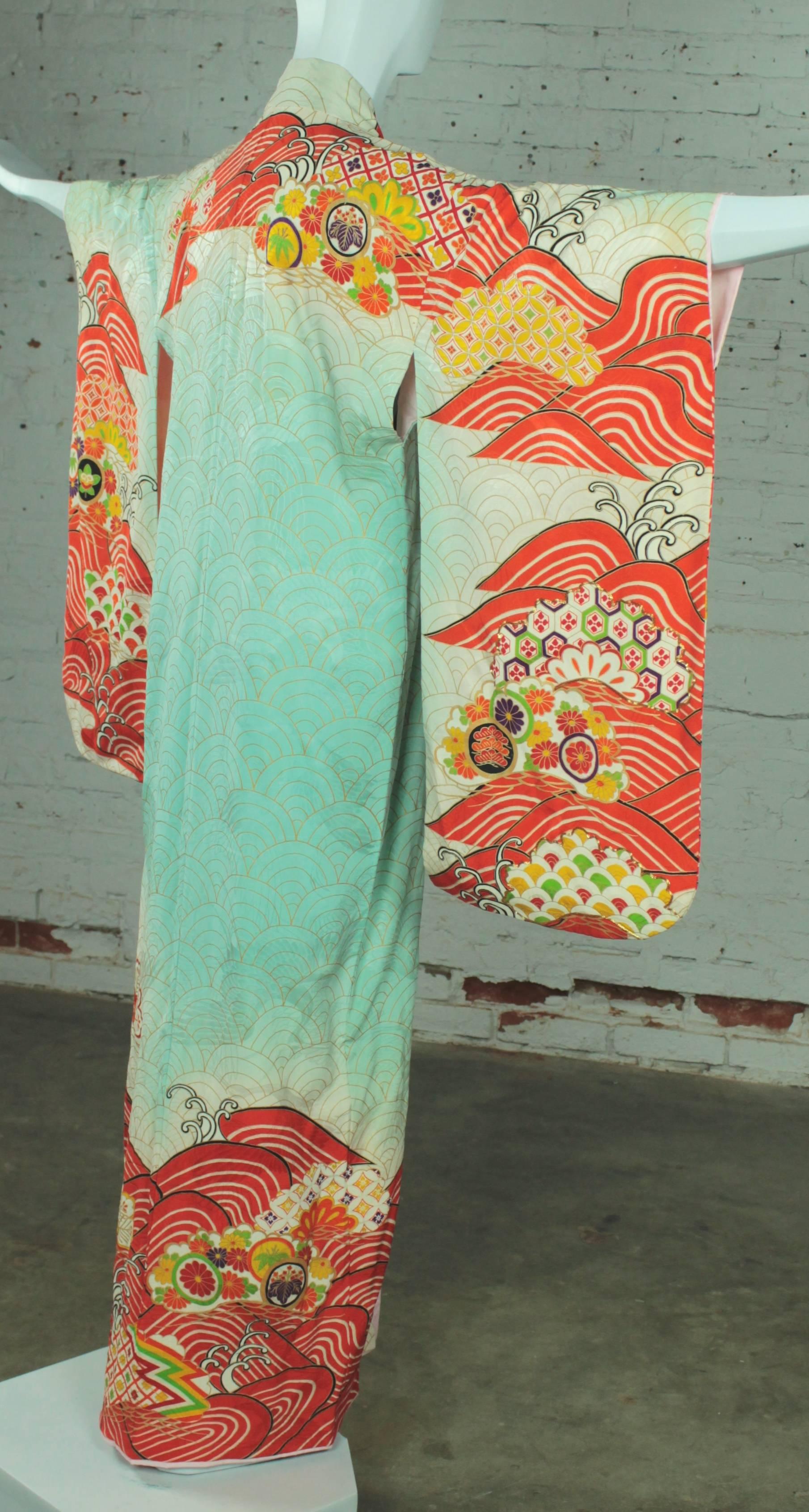 Vintage Japanese Turquoise and Orange Full Length Silk Kimono 5