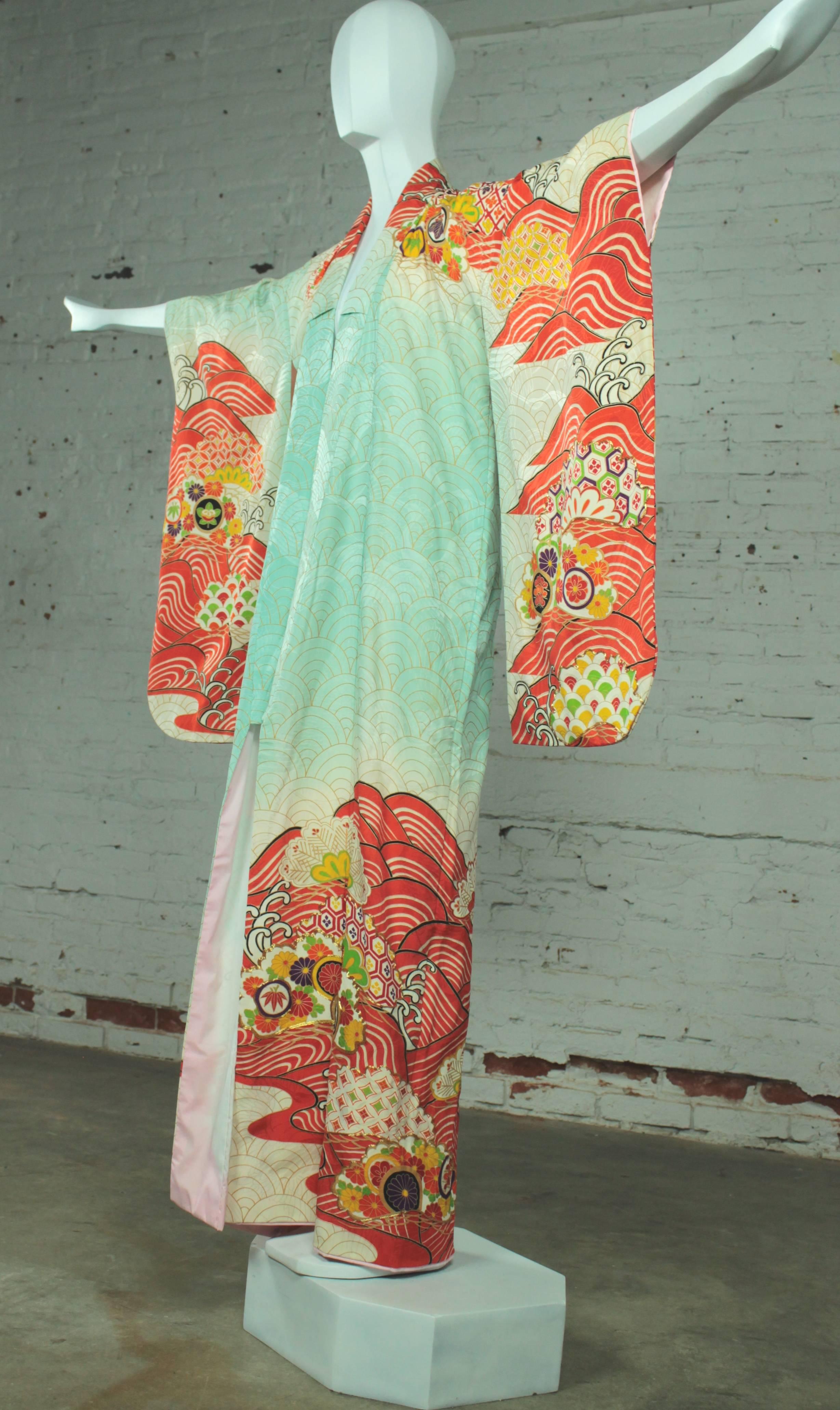 Vintage Japanese Turquoise and Orange Full Length Silk Kimono 6