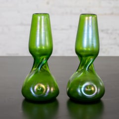 Art Nouveau Vases Iridescent Green Handblown Bohemian Glass Style Loetz, a Pair