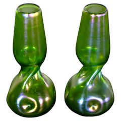Art Nouveau Vases Iridescent Green Handblown Bohemian Glass Style Loetz, a Pair